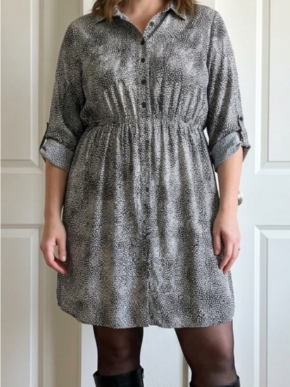 Plus size Pure Energy fall black and white abstract dress with top pockets